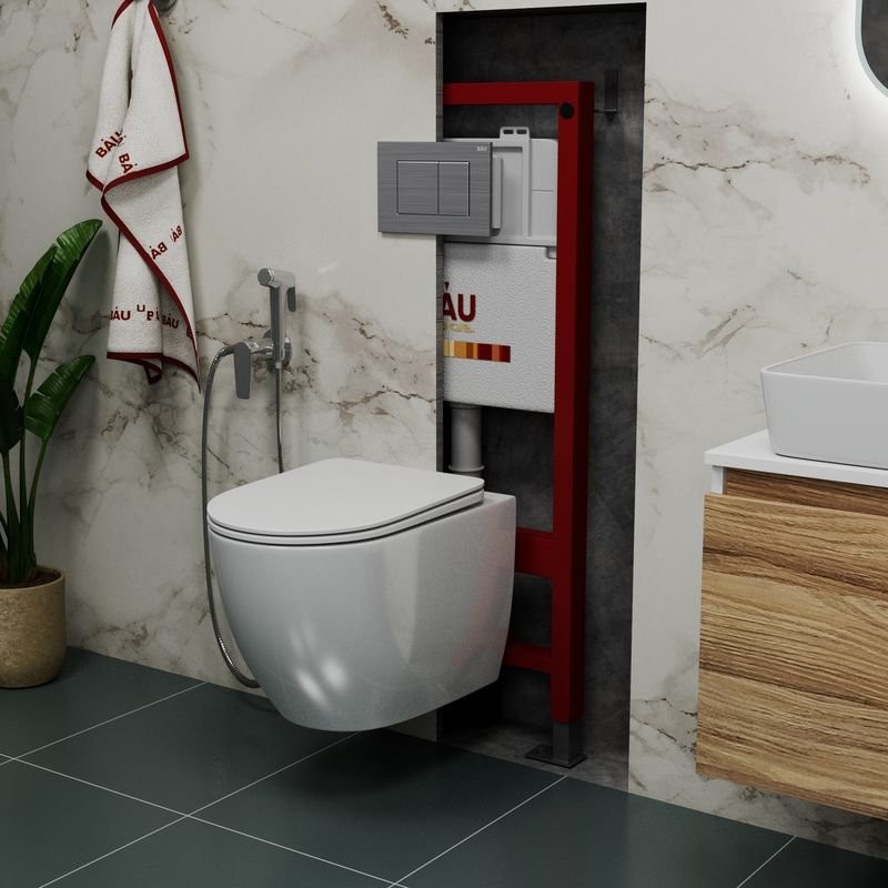 Комплект Унитаз подвесной Bauedge Bau Dream безободковый, с микролифтом + Инсталляция Bau Pro + Кнопка Stil, сатин