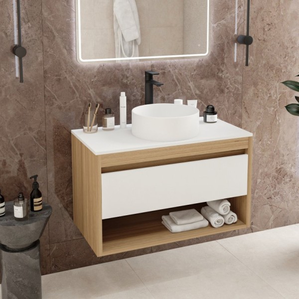 Тумба с раковиной Teymi Ritta 85 дуб эврика, матовая белая, раковина Lina D35