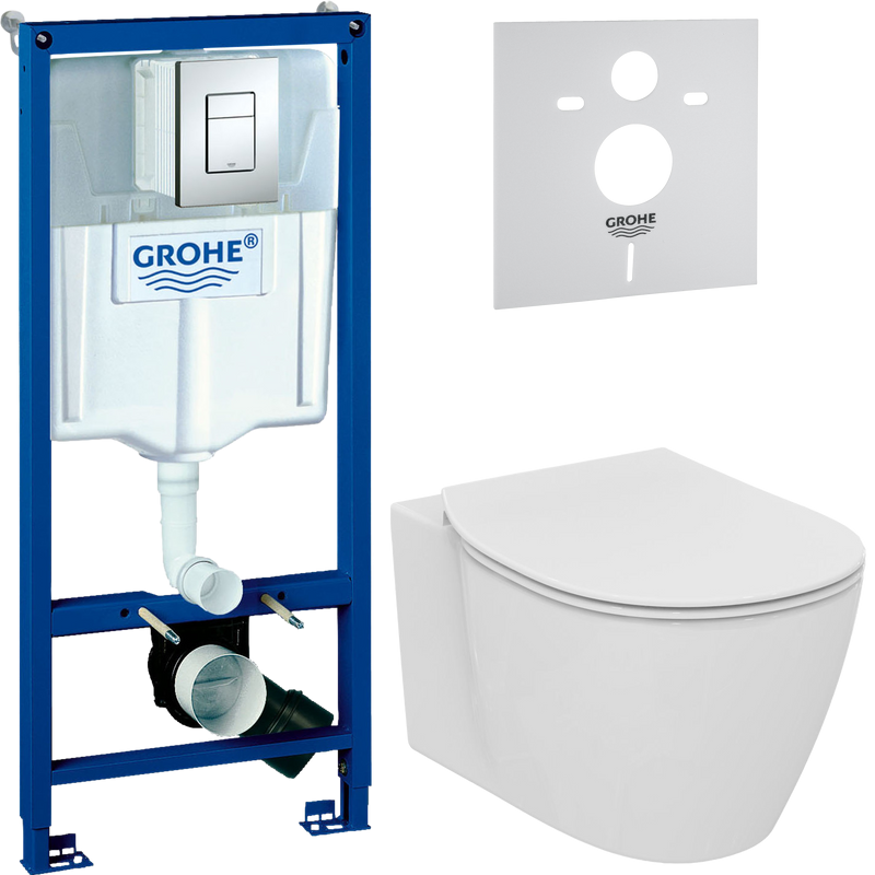 Комплект Унитаз подвесной Ideal Standard Connect AquaBlade E047901 + Крышка E772401 с микролифтом + Инсталляция Grohe Rapid SL 38772001 3 в 1 с кнопкой смыва + Звукоизоляция