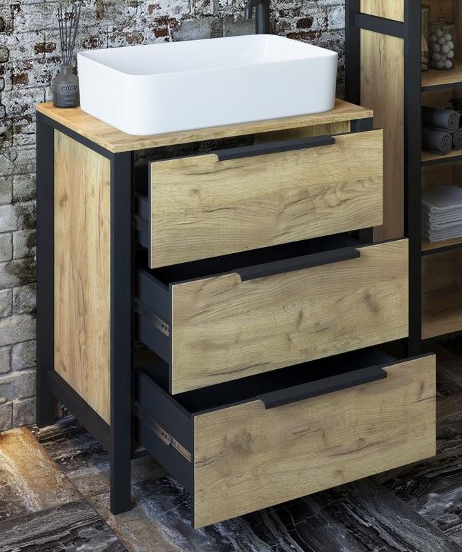 Тумба с раковиной Sanflor Гард 70 напольная, дуб крафт золотой, черный