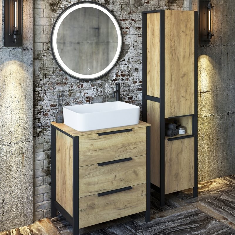 Тумба с раковиной Sanflor Гард 70 напольная, дуб крафт золотой, черный