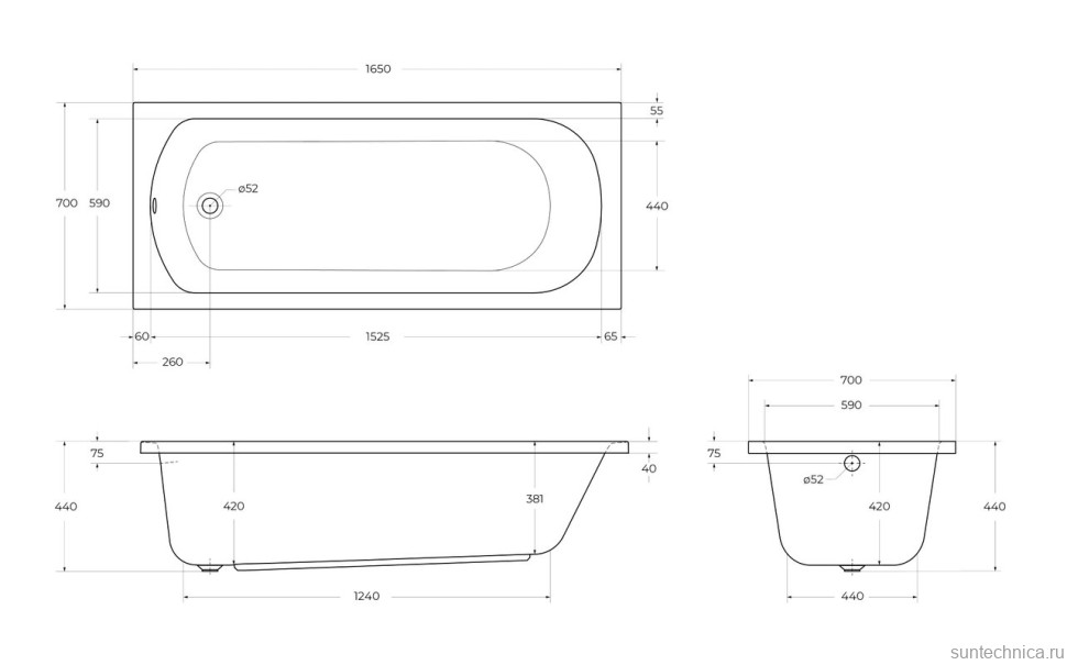 Акриловая ванна Cezares Eco 165x70 см, пристенная, белая, на ножках