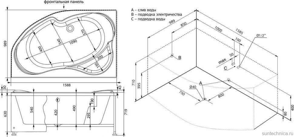 Акриловая ванна Aquanet Capri 00205476 L 160x100 см, угловая, левая, пристенная, белая, асимметричная, с каркасом, с сиденьем