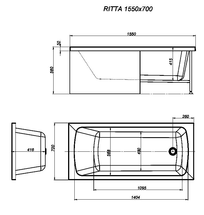 Акриловая ванна Timo Ritta 155x70 см, пристенная, белая, с каркасом