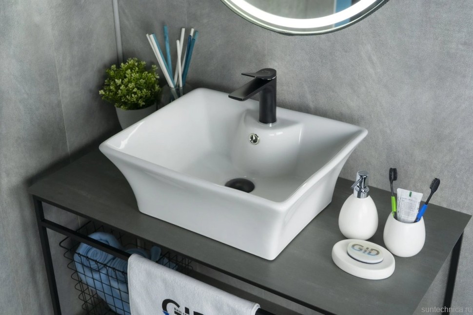 Накладная раковина GID Geometrico N9108 49 глянцевая белая, прямоугольная, фаянс, с 1 отверстием под смеситель