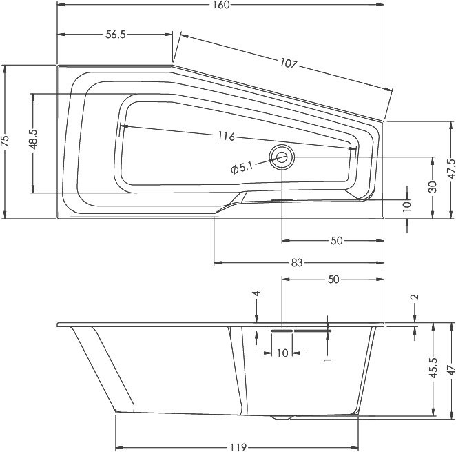 Акриловая ванна Riho Rething Space L 160x75 см, угловая, левая, встраиваемая, цвет европейский белый, пятиугольная, на ножках, со сливом-переливом