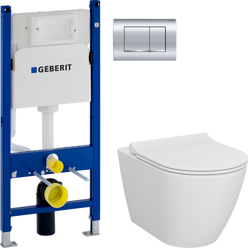 Комплект Унитаз подвесной VitrA Sanibelle 7551B003-0075 безободковый + Крышка 801-003-019 с микролифтом + Инсталляция Geberit Duofix Delta 458.163.21.1 с кнопкой смыва, хром