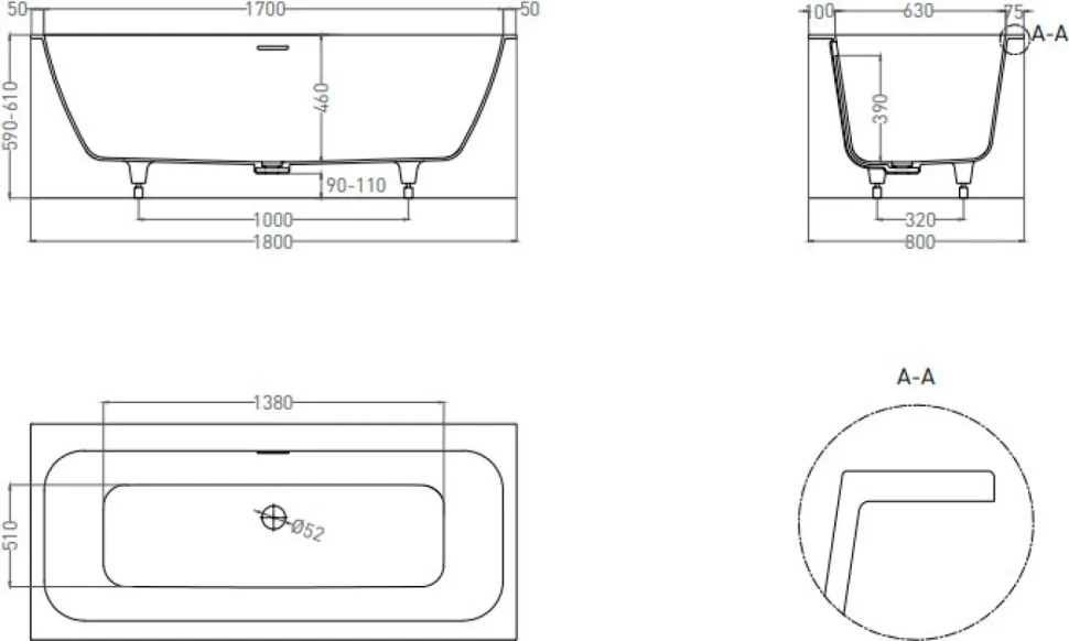 Ванна из искусственного камня Salini Orlanda Axis Kit S-Sense 180x80 см, встраиваемая, матовая белая, на ножках, со сливом-переливом