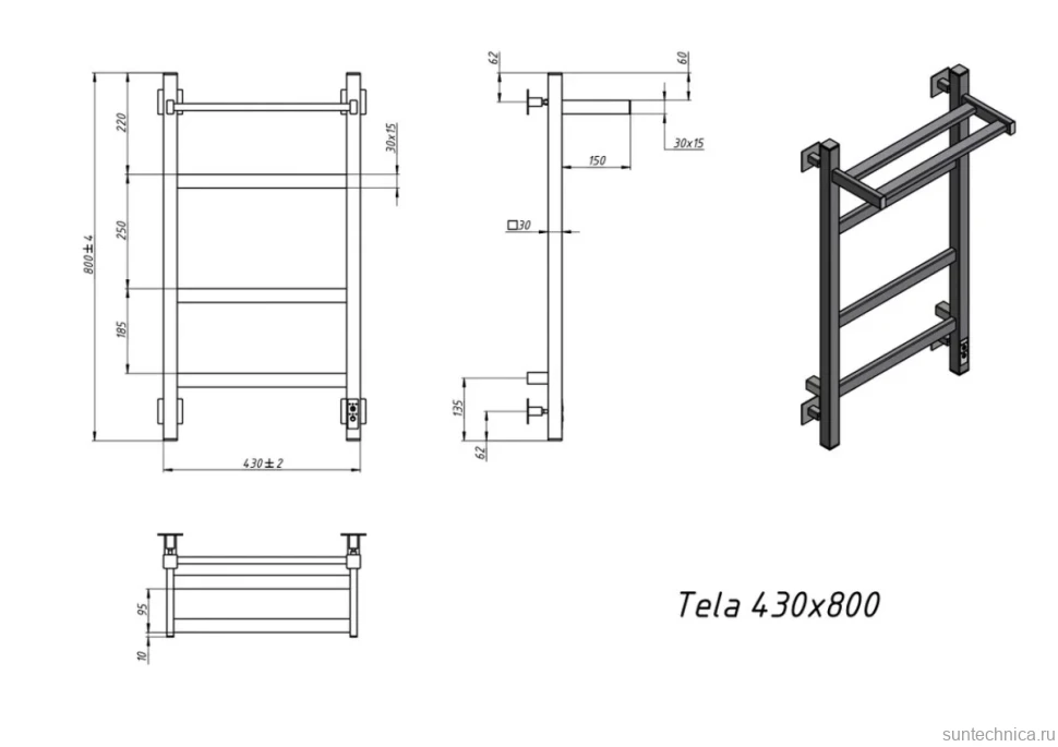 Полотенцесушитель электрический Grota Tela 430х800 RAL9016 EL 80x45 см, подключение справа, слева, скрытое подключение справа, матовый белый, лесенка, из стали, с полкой