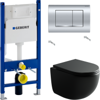 Комплект Унитаз подвесной Ceramicanova UP Rimless CN4007MB черный матовый + Инсталляция Geberit Duofix Delta 458.163.21.1 с кнопкой смыва, хром