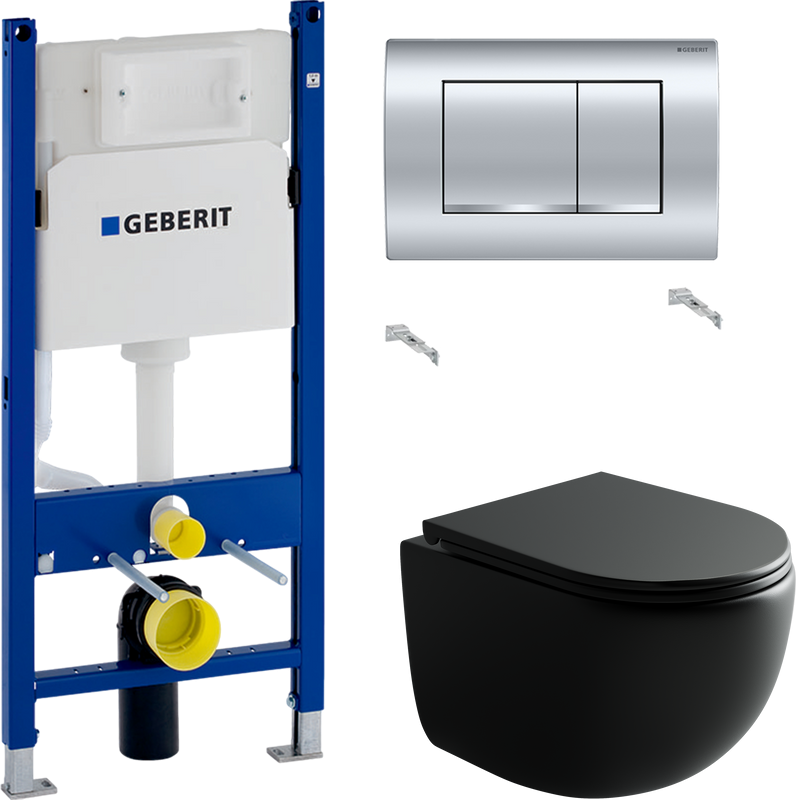 Комплект Унитаз подвесной Ceramicanova UP Rimless CN4007MB черный матовый + Инсталляция Geberit Duofix Delta 458.163.21.1 с кнопкой смыва, хром