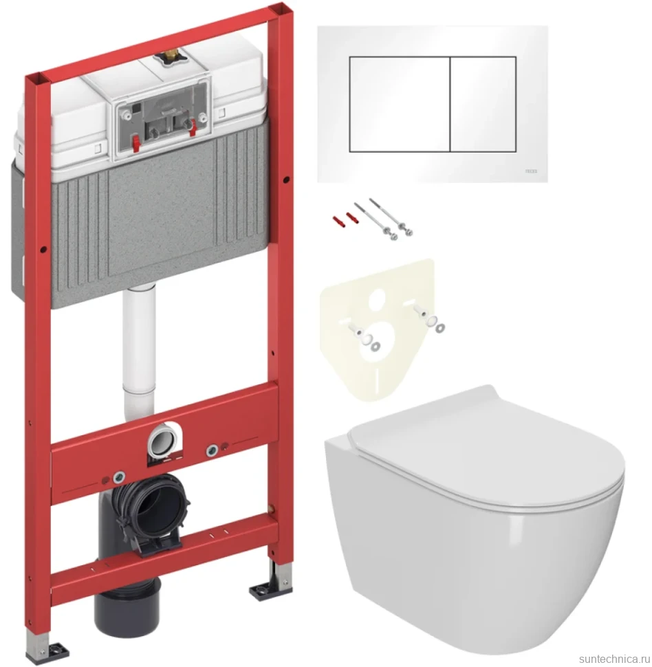 Комплект Унитаз подвесной Bauedge Bau Ceramics безободковый, с микролифтом, белый + Инсталляция TECE Base 9400413 4 в 1 с кнопкой смыва