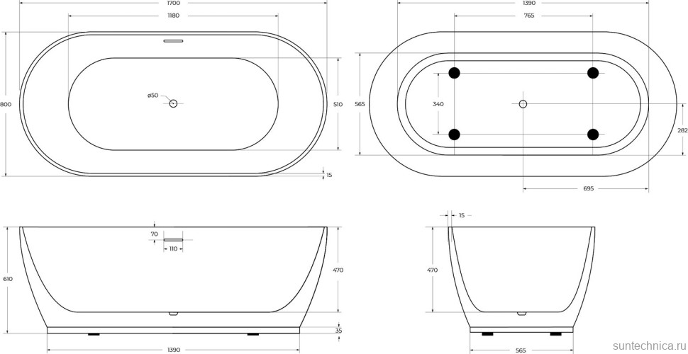 Акриловая ванна BelBagno BB413 170x80 см, отдельностоящая, белая, овальная, со сливом-переливом, с донным клапаном