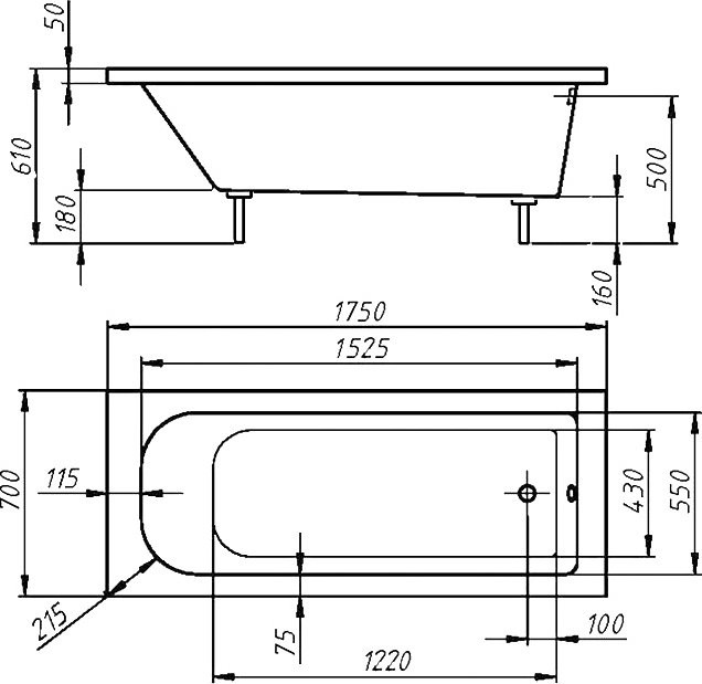 Ванна из искусственного камня Фэма Виктория 175x70 см, пристенная, белая, на ножках