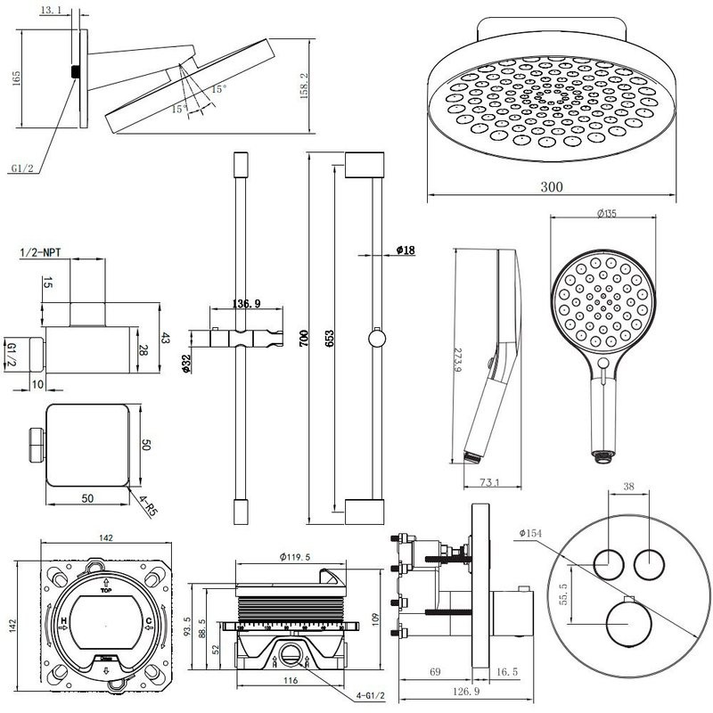 Душевая система скрытого монтажа для душа с термостатом, лейка, верхний душ, черный AQUAme AQM8403MB