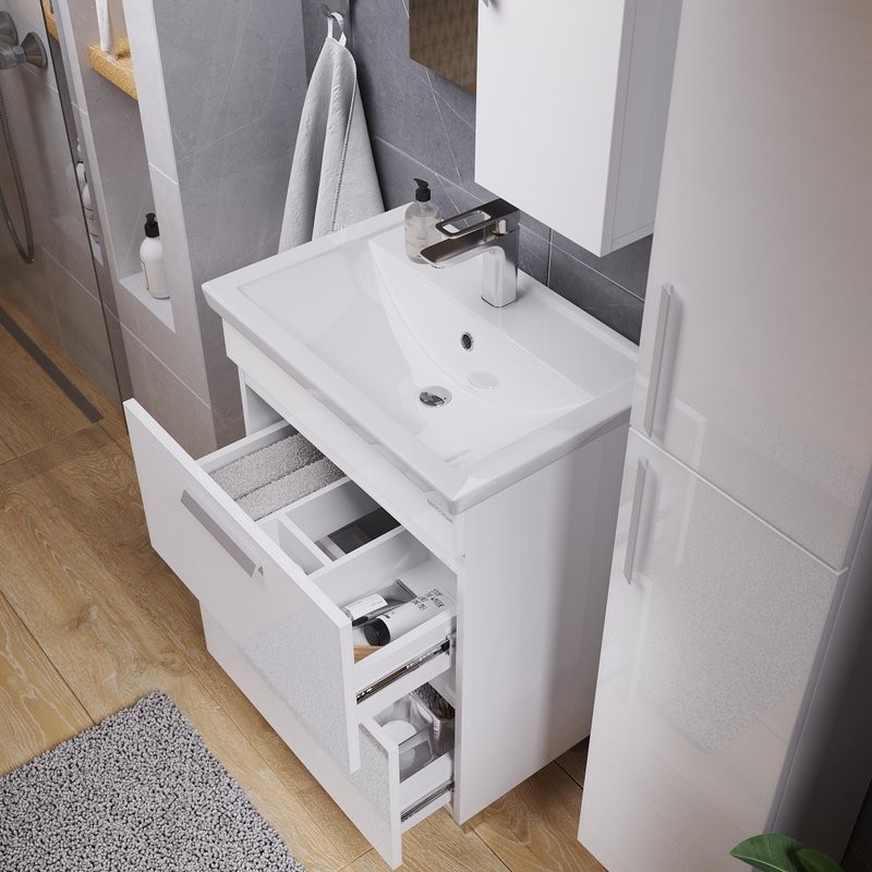 Тумба с раковиной Grossman Neo 60 пленка, с ящиками, глянцевая белая