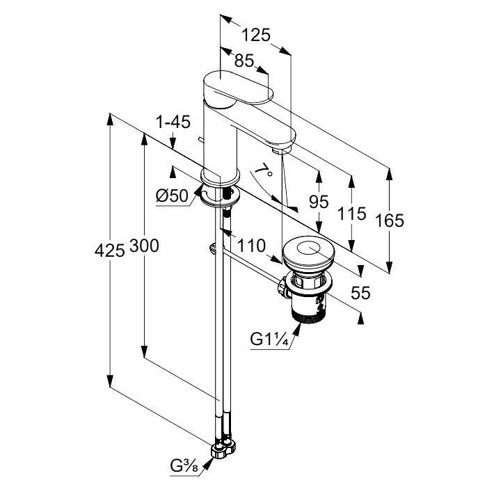Смеситель для раковины Kludi X1 322883975 с донным клапаном, черный матовый