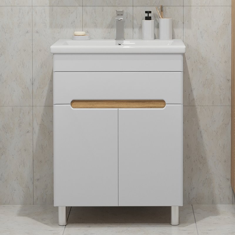 Тумба под раковину без столешницы SanStar Модена 50 напольная, глянцевая белая, дуб вотан