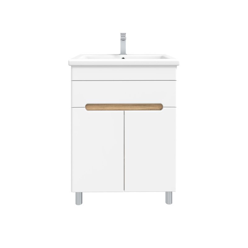 Тумба под раковину без столешницы SanStar Модена 50 напольная, глянцевая белая, дуб вотан