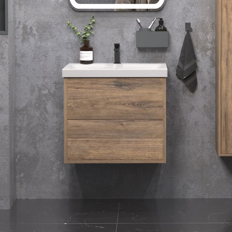 Тумба с раковиной SanStar Siva 50 подвесная, дуб веллингтон табак, раковина Moduo 50