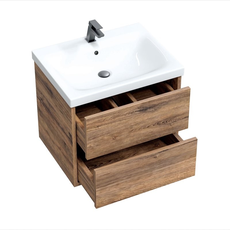 Тумба с раковиной SanStar Siva 50 подвесная, дуб веллингтон табак, раковина Moduo 50