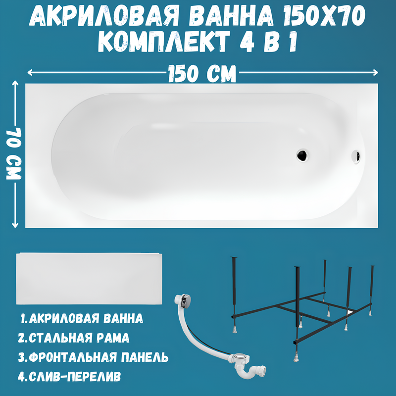 Акриловая ванна 1MarKa Atlas Премиум 150x70 см, пристенная, белая, с каркасом, с экраном, со сливом-переливом