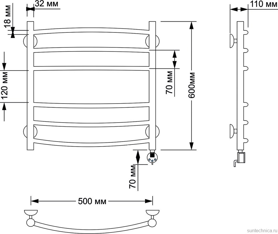 Полотенцесушитель электрический Secado Милан 3 65x55 см, подключение справа, бронза, лесенка, латунь