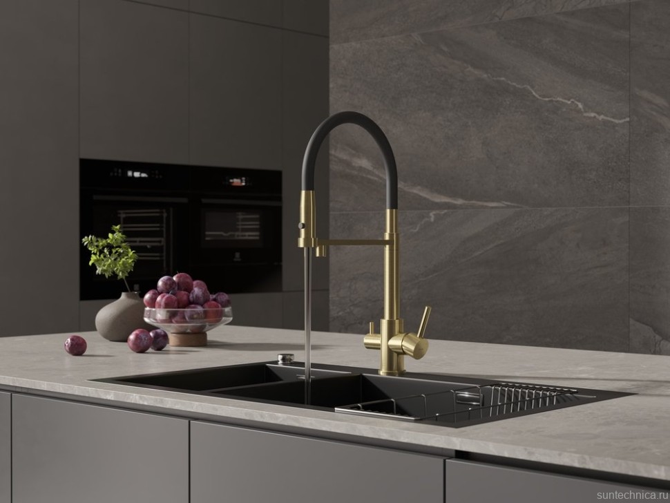 Смеситель для кухни Cersanit Zen 68251 с гибким изливом, золотой сатин, черный