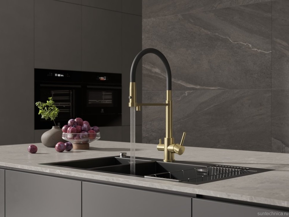 Смеситель для кухни Cersanit Zen 68251 с гибким изливом, золотой сатин, черный