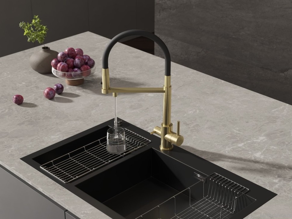 Смеситель для кухни Cersanit Zen 68251 с гибким изливом, золотой сатин, черный