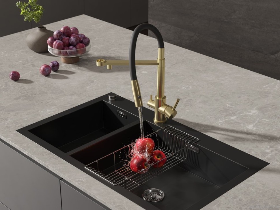 Смеситель для кухни Cersanit Zen 68251 с гибким изливом, золотой сатин, черный