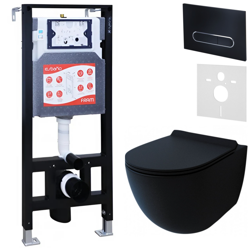 Комплект Унитаз подвесной Esbano Garcia ESUPGARCBM матовый черный + Инсталляция Fram + Кнопка ESINOVL17MB