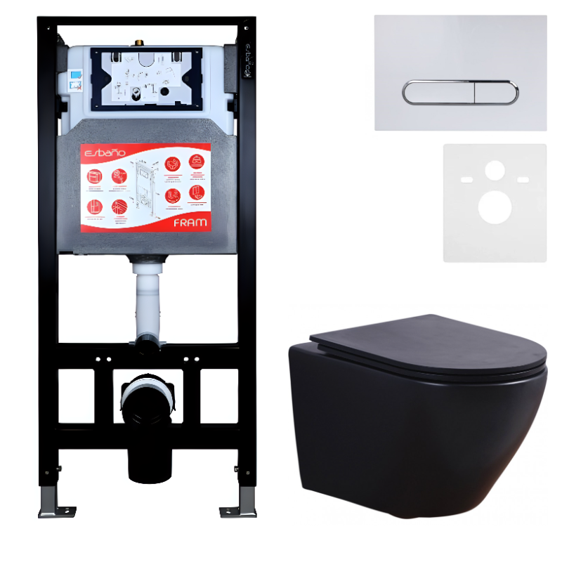 Комплект 3 в 1 Унитаз подвесной Esbano Azalea ESUPAZALBM + Инсталляция Fram + Кнопка ESINOVL17GW цвет глянцевый белый