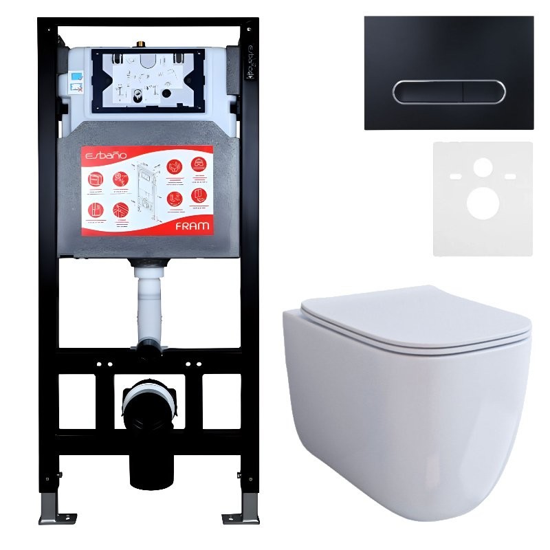 Комплект 3 в 1 Унитаз подвесной Esbano ESUPGARAW + Инсталляция Fram + Кнопка ESINOVL17MB цвет матовый черный