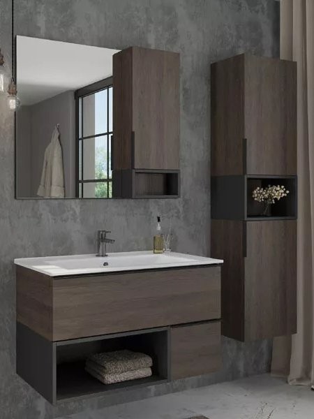 Мебель для ванной комнаты Comforty Франкфурт 90 подвесная, шоколадно-коричневый дуб, с раковиной раковиной Quadro 90