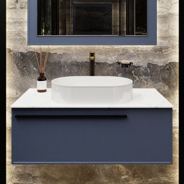 Тумба под раковину со столешницей La Fenice Elba 100 подвесная, синяя, столешница белый мрамор