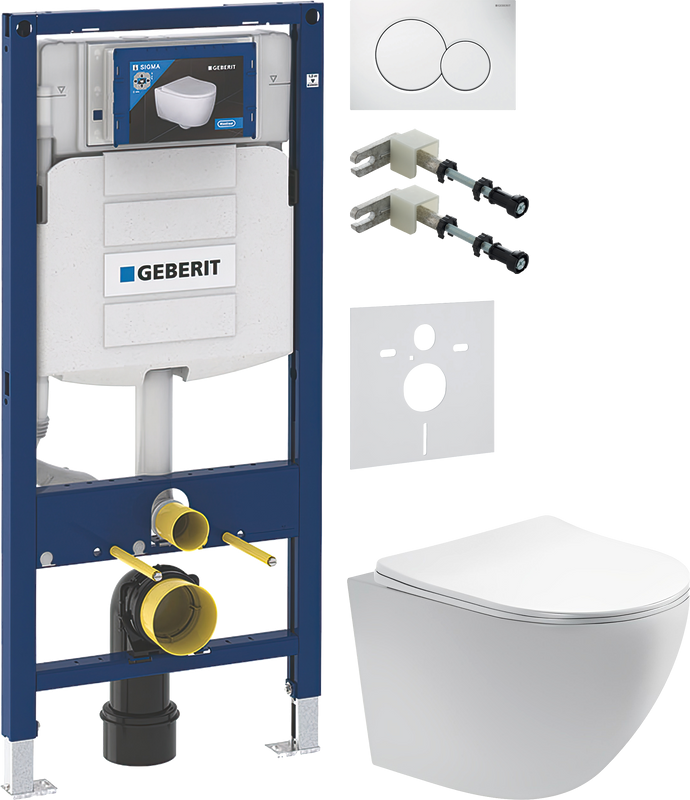 Комплект Унитаз подвесной AQUATEK Европа AQ1900-00 безободковый + Крепления Geberit Duofix 111.815.00.1 к стене + Звукоизоляция + Инсталляция UP 320 111.300.00.5 + Кнопка Sigma 01 115.770.11.5 белая