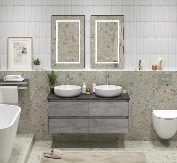 Мебель для ванной комнаты BelBagno Kraft 120 для двоих, с двумя чашами, 4 ящика, cemento grigio