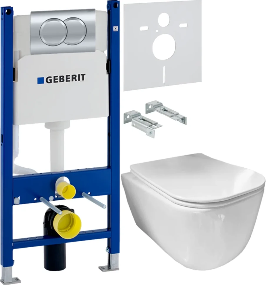 Комплект Унитаз подвесной Ceramicanova New Day CN3005 с микролифтом, безободковый + Инсталляция Geberit Duofix Delta 458.149.21.1 с кнопкой смыва, хром + Звукоизоляция