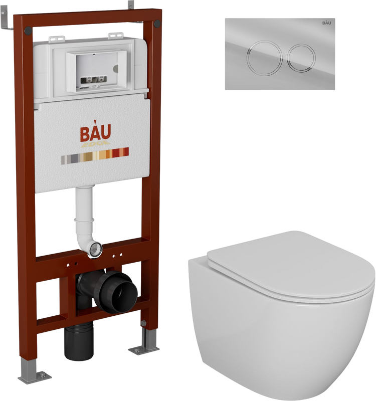 Комплект Унитаз подвесной Bauedge Bau Dream безободковый, с микролифтом + Инсталляция Bau Pro + Кнопка Dream, хром