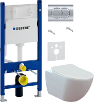 Комплект Унитаз подвесной Creavit Free FE322.00100 безободковый + Крышка KC4080.00 с микролифтом, ультратонкая, белая + Инсталляция Geberit Duofix Delta 458.149.21.1 с кнопкой смыва, хром + Звукоизоляция
