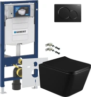 Комплект Унитаз подвесной BOND Cube F04-108 безободковый, с микролифтом, черный + Крепления Geberit Duofix 111.815.00.1 к стене + Звукоизоляция + Инсталляция UP 320 111.300.00.5 + Кнопка Sigma 01 115.770.DW.5 черная