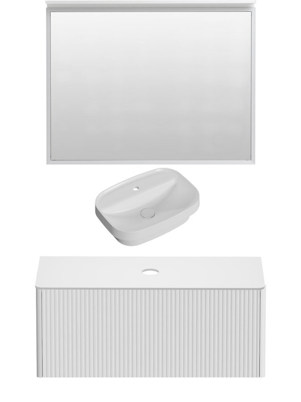 Мебель для ванной комнаты Allen Brau Gravity 120 1 ящик, с фрезеровкой, матовый белый, столешница белая, раковина Fantasy Sphere 55х40, белая