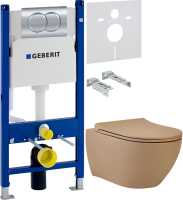 Комплект Унитаз подвесной beWash Bogen 88303273 с сиденьем микролифт латте + Инсталляция Geberit Duofix Delta 458.149.21.1 с кнопкой смыва, хром + Звукоизоляция