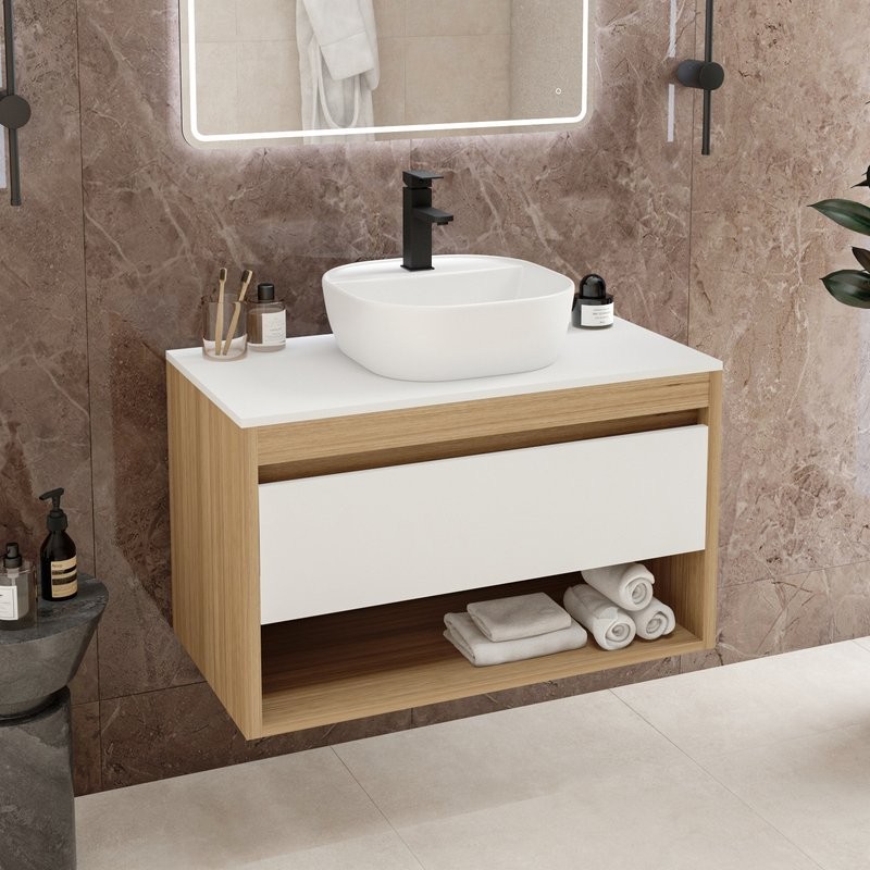 Тумба с раковиной Teymi Ritta 85 дуб эврика, матовая белая, раковина Solli 40