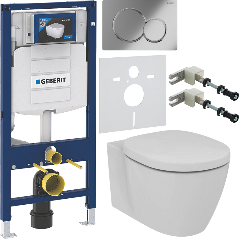 Комплект Унитаз подвесной Ideal Standard Connect AquaBlade E047901 + Крышка + Инсталляция Geberit Duofix UP 320 111.300.00.5 + Кнопка Sigma 01 115.770.21.5 хром + Крепления 111.815.00.1 к стене + Звукоизоляция