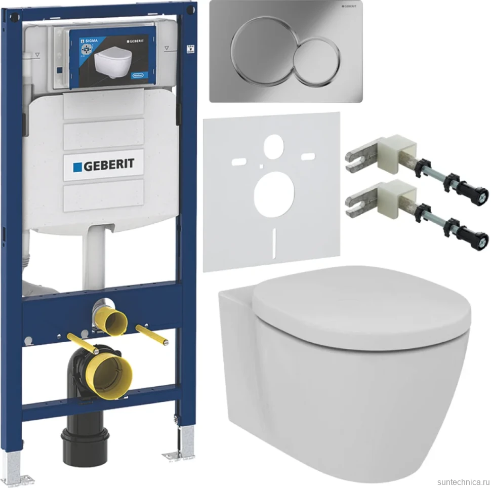 Комплект Унитаз подвесной Ideal Standard Connect AquaBlade E047901 + Крышка + Инсталляция Geberit Duofix UP 320 111.300.00.5 + Кнопка Sigma 01 115.770.21.5 хром + Крепления 111.815.00.1 к стене + Звукоизоляция