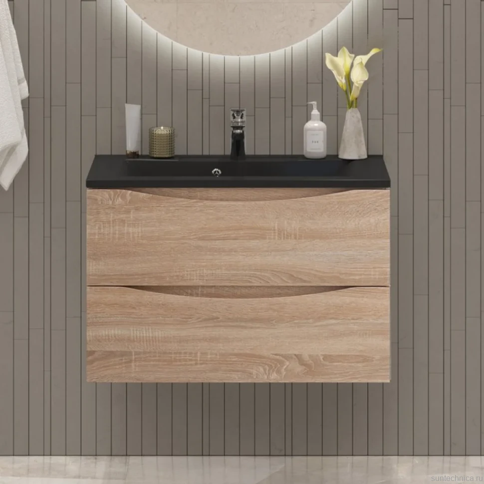 Мебель для ванной комнаты BelBagno Marino 80 подвесная, rovere bianco, черная раовина