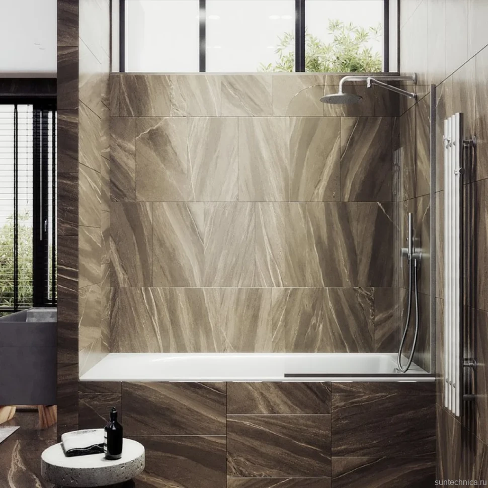 Шторка на ванну Maybahglass MGV-144-5у, 64x140, профиль матовый хром, стекло прозрачное