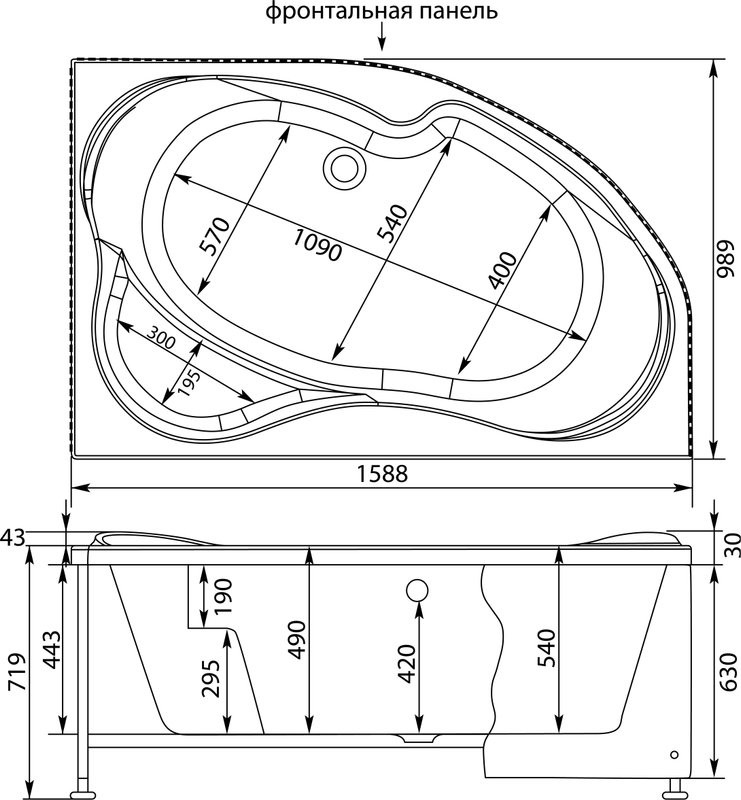 Акриловая ванна Aquanet Capri 00205386 R 160x100 см, угловая, правая, пристенная, белая, асимметричная, с каркасом, с сиденьем